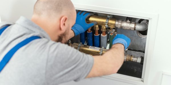 Professional plumber installing plumbing manifolds